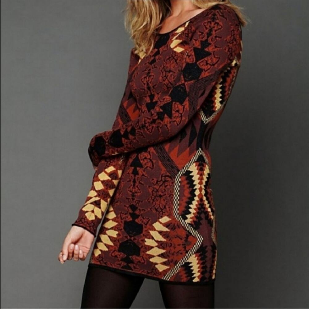 Free People Long Sleeve Knit Mini Dress in Rust, Black & Mustard